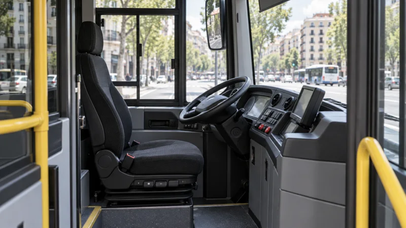 Interior de la cabina de un autobús urbano moderno con el asiento del conductor vacío.