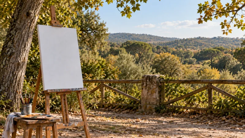 Caballete vacío y útiles de pintura ante un paisaje arbolado de El Pardo