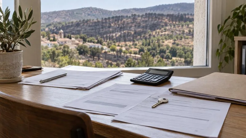 Documentación, una llave y una calculadora sobre una mesa con paisaje de la Sierra Oeste al fondo