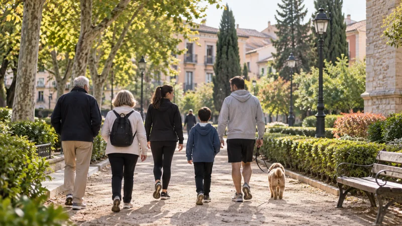 Grupo de vecinos de distintas edades camina por un parque urbano de Alcalá de Henares.