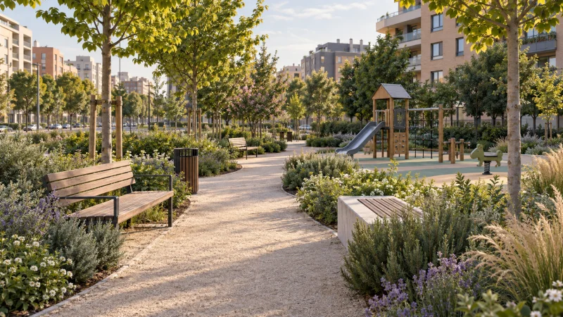 Un sendero atraviesa una zona verde urbana con árboles, parterres y un área infantil.