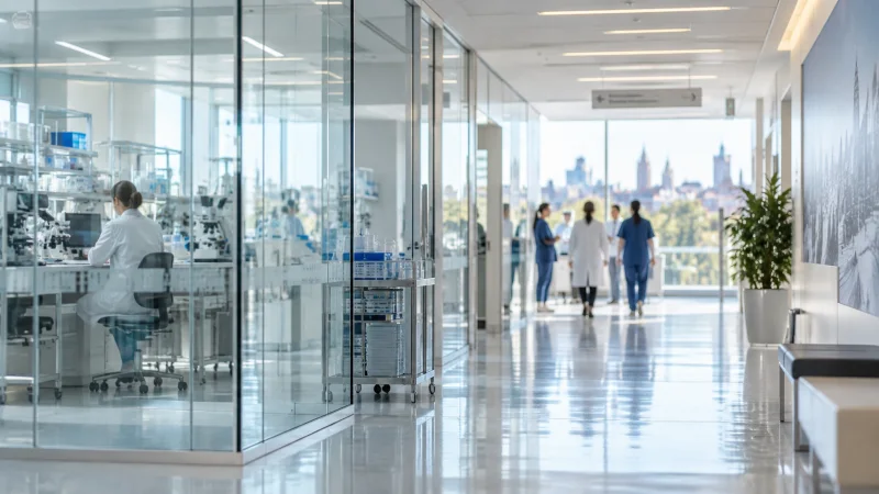 Zona de investigación clínica y pasillo de un hospital universitario contemporáneo.