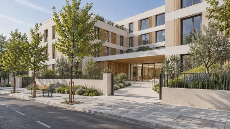 Representación arquitectónica ilustrativa de un centro residencial para personas mayores en una parcela urbana de Madrid.