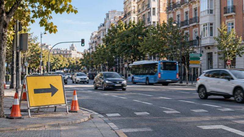 Avenida urbana con tráfico moderado, un autobús azul y una señal temporal de desvío
