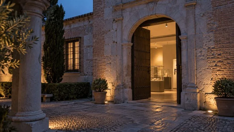 Entrada histórica iluminada al anochecer con una sala de museo abierta