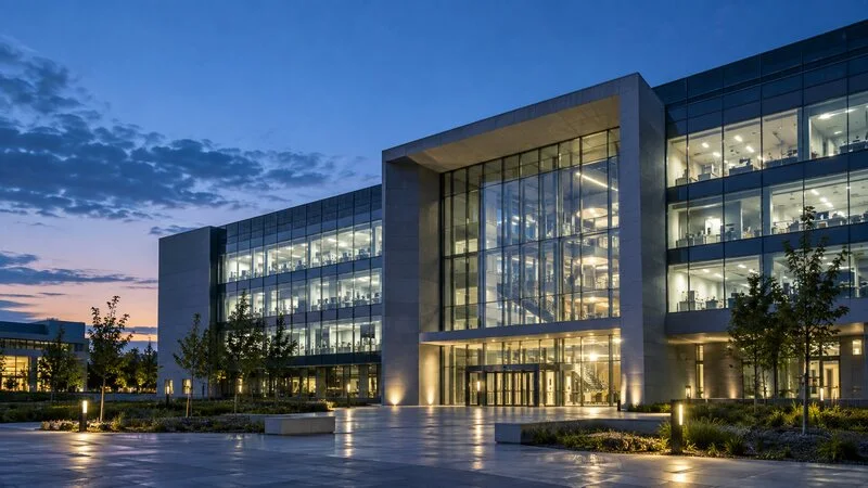 Edificio contemporáneo dedicado a la ciencia iluminado al anochecer