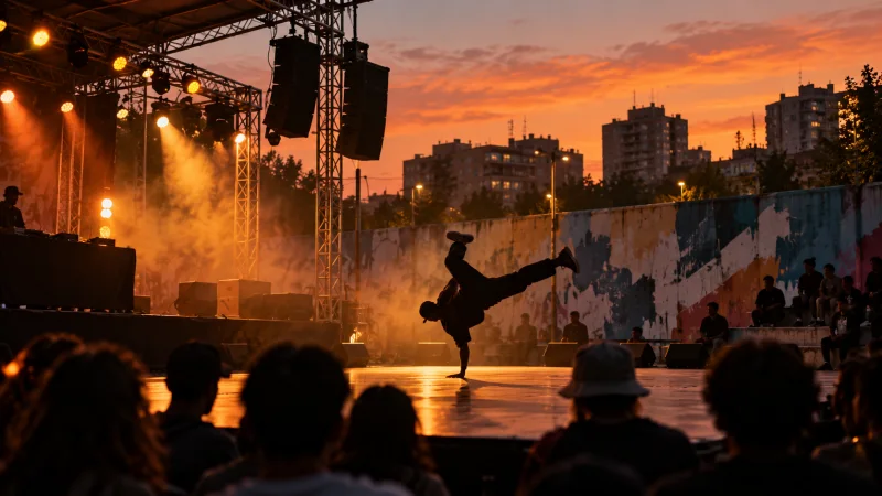 Ilustración conceptual de un concierto de hiphop al aire libre con una persona bailando ante el público.