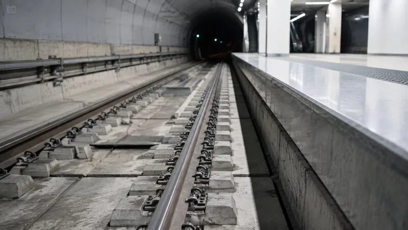 Detalle de una vía y el borde de un andén de metro tras trabajos de renovación