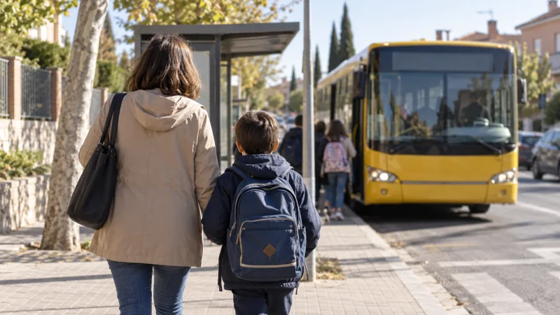 Una persona adulta y un escolar esperan cerca de un autobús escolar.