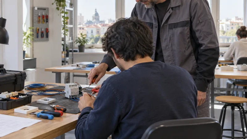 Una persona practica una tarea técnica en una mesa de formación con la ayuda de un instructor