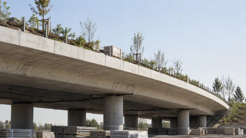 Plataforma urbana de hormigón con árboles jóvenes y materiales de obra