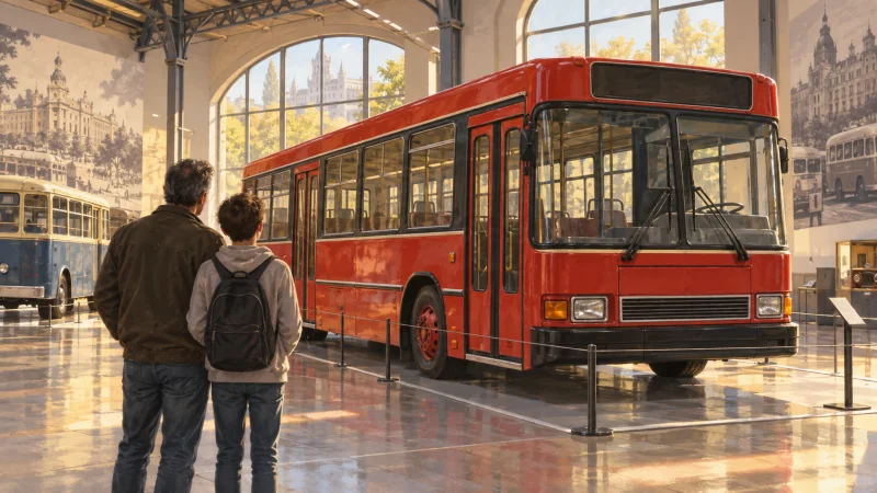 Un autobús rojo histórico expuesto en un museo mientras un adulto y un adolescente lo observan de espaldas.