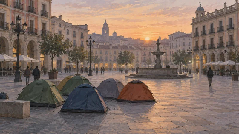 Tiendas de campaña sin marcas en una plaza urbana al amanecer, en una ilustración editorial