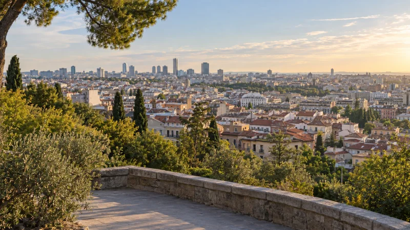 Vista panorámica genérica de una ciudad desde una terraza elevada con vegetación.