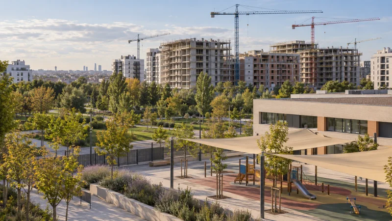Promoción de viviendas junto a una zona verde y un patio escolar sombreado en una imagen ilustrativa de inversiones municipales