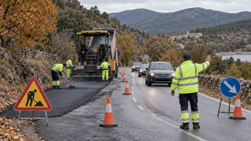 Operarios rehabilitan el firme de una carretera rural mientras un señalista ordena el paso