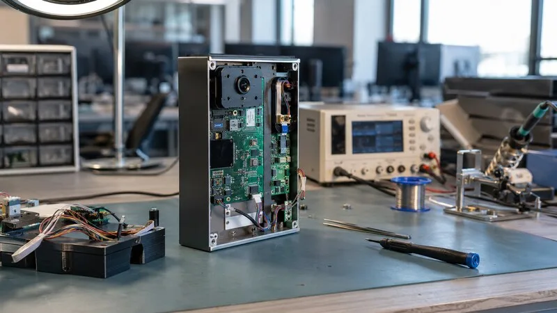 Prototipo electrónico abierto sobre una mesa de trabajo de un laboratorio tecnológico
