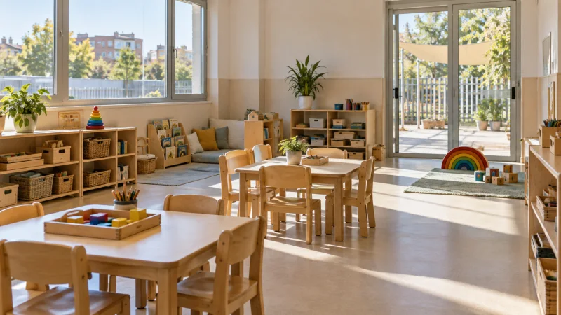 Aula infantil luminosa con mesas y sillas de madera, sin alumnado.