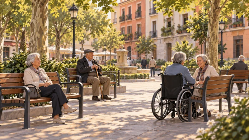 Personas mayores y una persona usuaria de silla de ruedas descansan en bancos de una plaza arbolada de Madrid.