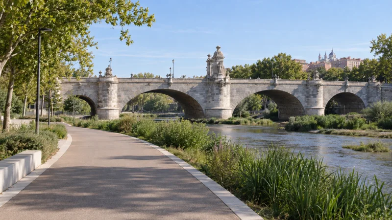 Sendero de Madrid Río frente a los arcos históricos del Puente de Toledo