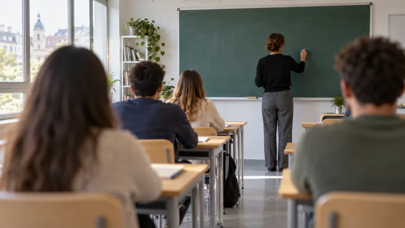 Docente y alumnado de espaldas en un aula luminosa