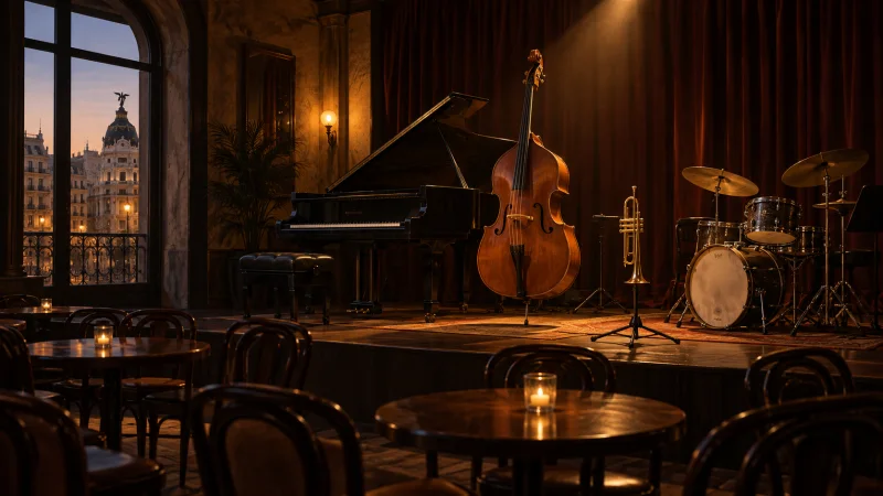 Escenario vacío de un club de jazz madrileño con piano, contrabajo, trompeta y batería