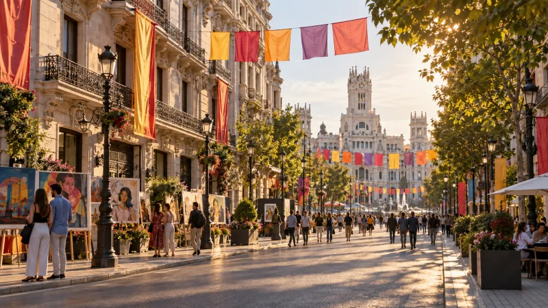 Avenida madrileña preparada para un festival cultural con visitantes y banderolas de colores