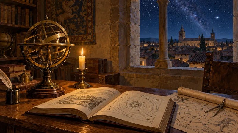 Una esfera celeste y mapas estelares sobre una mesa, junto a una ventana de Alcalá de Henares bajo un cielo nocturno, en una ilustración generada