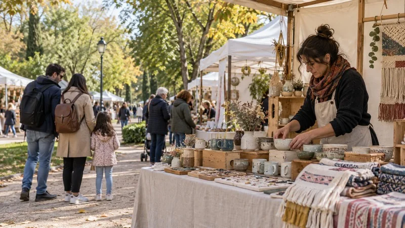 Una artesana coloca piezas de cerámica en un puesto mientras varias personas recorren un mercado en un parque.