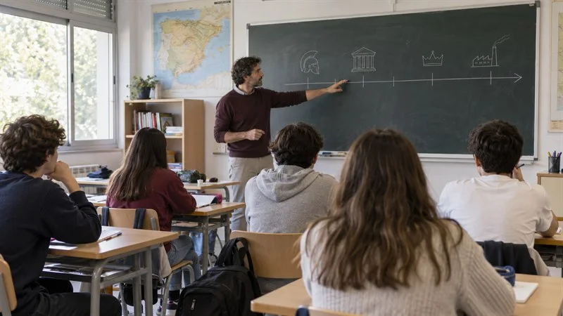 Un profesor señala una línea del tiempo en la pizarra mientras varios alumnos atienden en sus pupitres.
