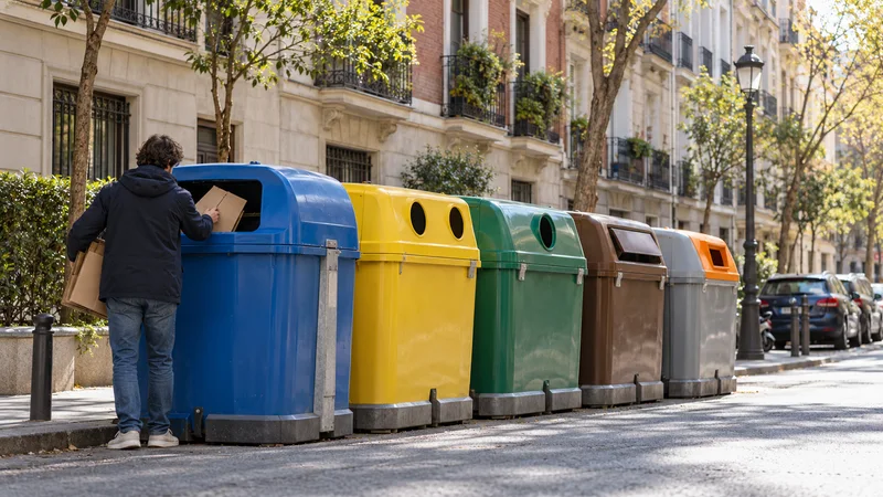 Una persona separa cartón frente a contenedores de reciclaje en una calle residencial de Madrid.