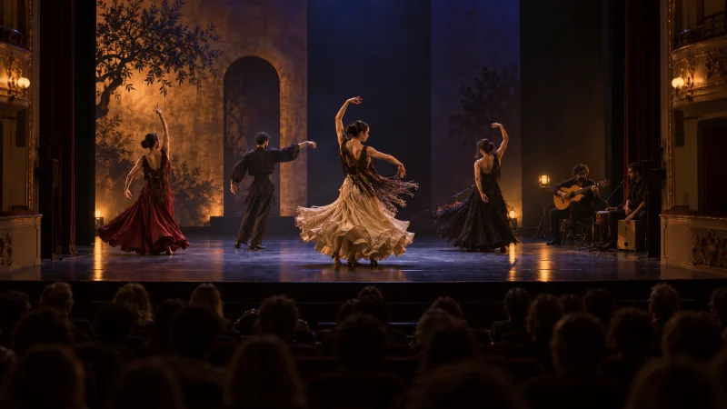 Bailarines y músicos en una escena de danza española con iluminación cálida