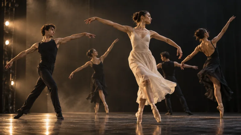 Bailarines ensayan una coreografía sobre un escenario oscuro iluminado en tonos cálidos.