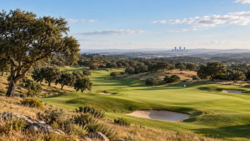 Recorrido de golf ondulado con encinas, un green amplio y el perfil de Madrid al fondo.