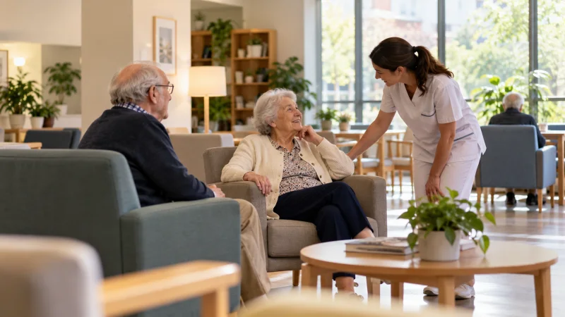 Dos personas mayores conversan en una sala residencial luminosa mientras una profesional de atención se inclina para escucharlas; al fondo se ven ventanales y otra persona sentada.