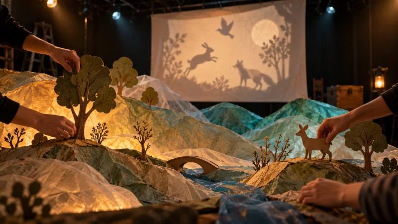 Manos construyen un paisaje de papel iluminado con figuras de sombras en un escenario teatral.