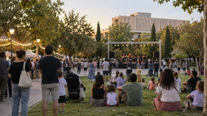 Público visto de espaldas frente a un escenario en un parque arbolado al anochecer.