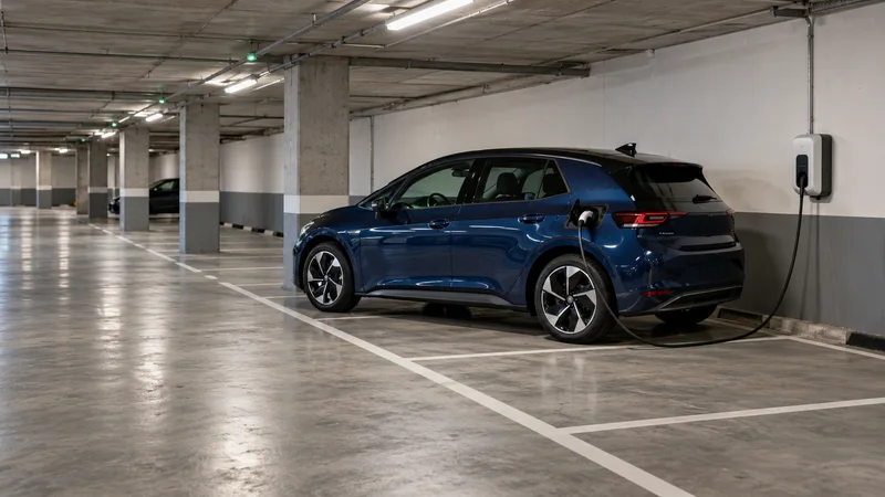 Coche azul conectado a un cargador en una plaza de un aparcamiento subterráneo, junto a varias plazas vacías.