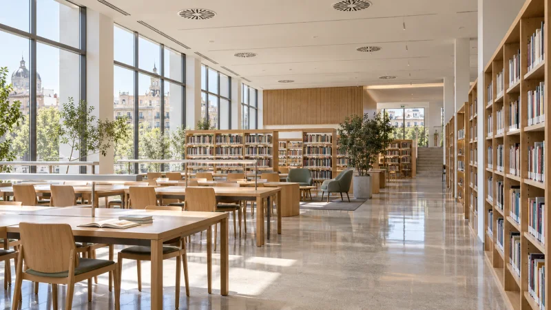 Sala de lectura luminosa con estanterías, mesas de estudio, pavimento brillante y rejillas de ventilación en el techo