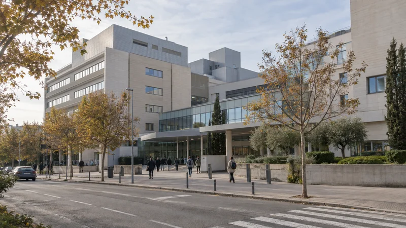 Fachada de un complejo hospitalario moderno junto a una calle urbana arbolada.