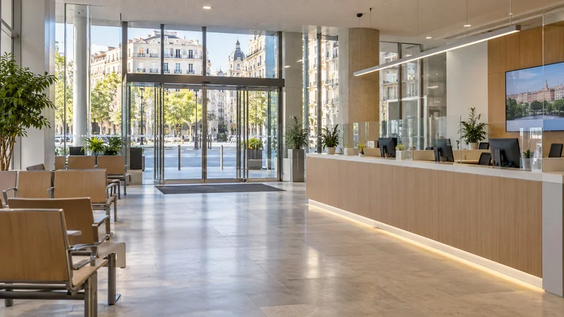 Interior amplio de una oficina de atención al público, con mostrador, sala de espera y edificios urbanos visibles a través de los ventanales.
