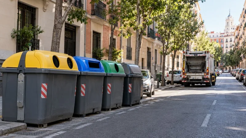 Contenedores de reciclaje junto a una calle residencial madrileña y un camión de recogida al fondo.