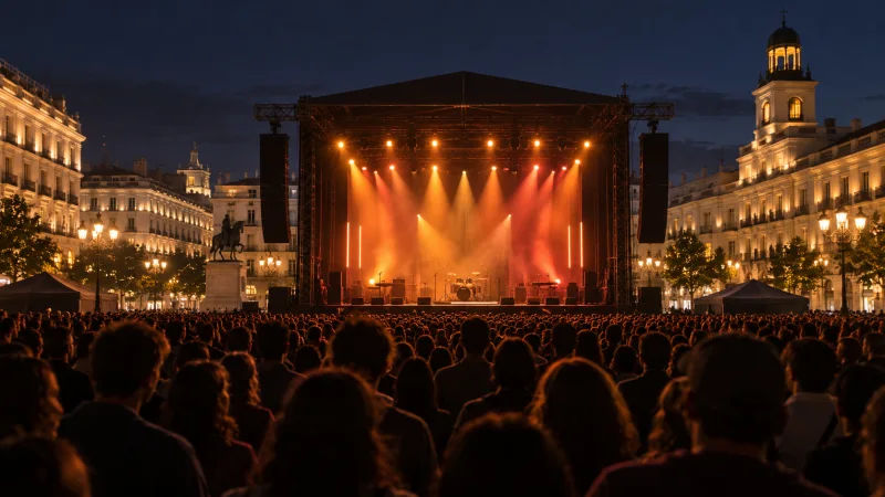 Escenario al aire libre preparado para un concierto nocturno en una plaza, con público visto desde atrás, imagen ilustrativa generada.
