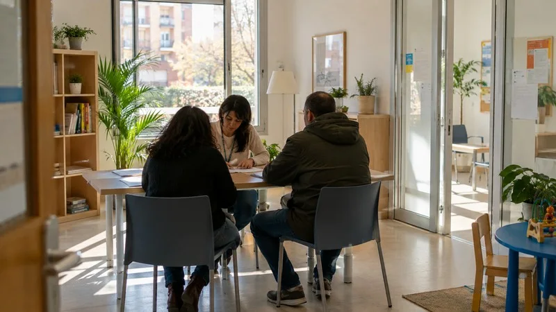 Una trabajadora social revisa documentos con dos personas en un centro comunitario luminoso.