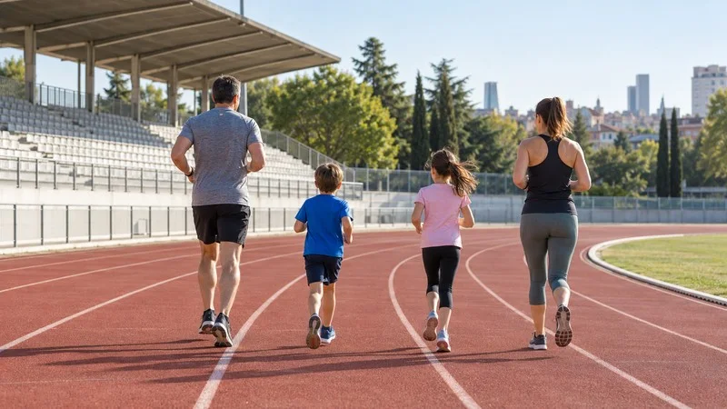 Dos adultos y dos menores corren juntos por las calles de una pista de atletismo al aire libre.