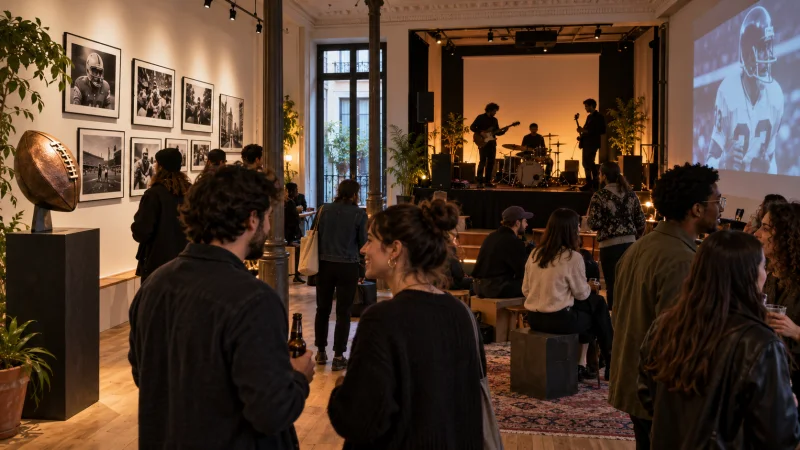 Público recorre una galería con fotografías de fútbol americano mientras un grupo toca en un escenario